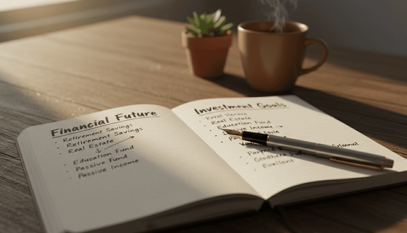 Open notebook with handwritten notes and pen on a wooden desk in natural morning light