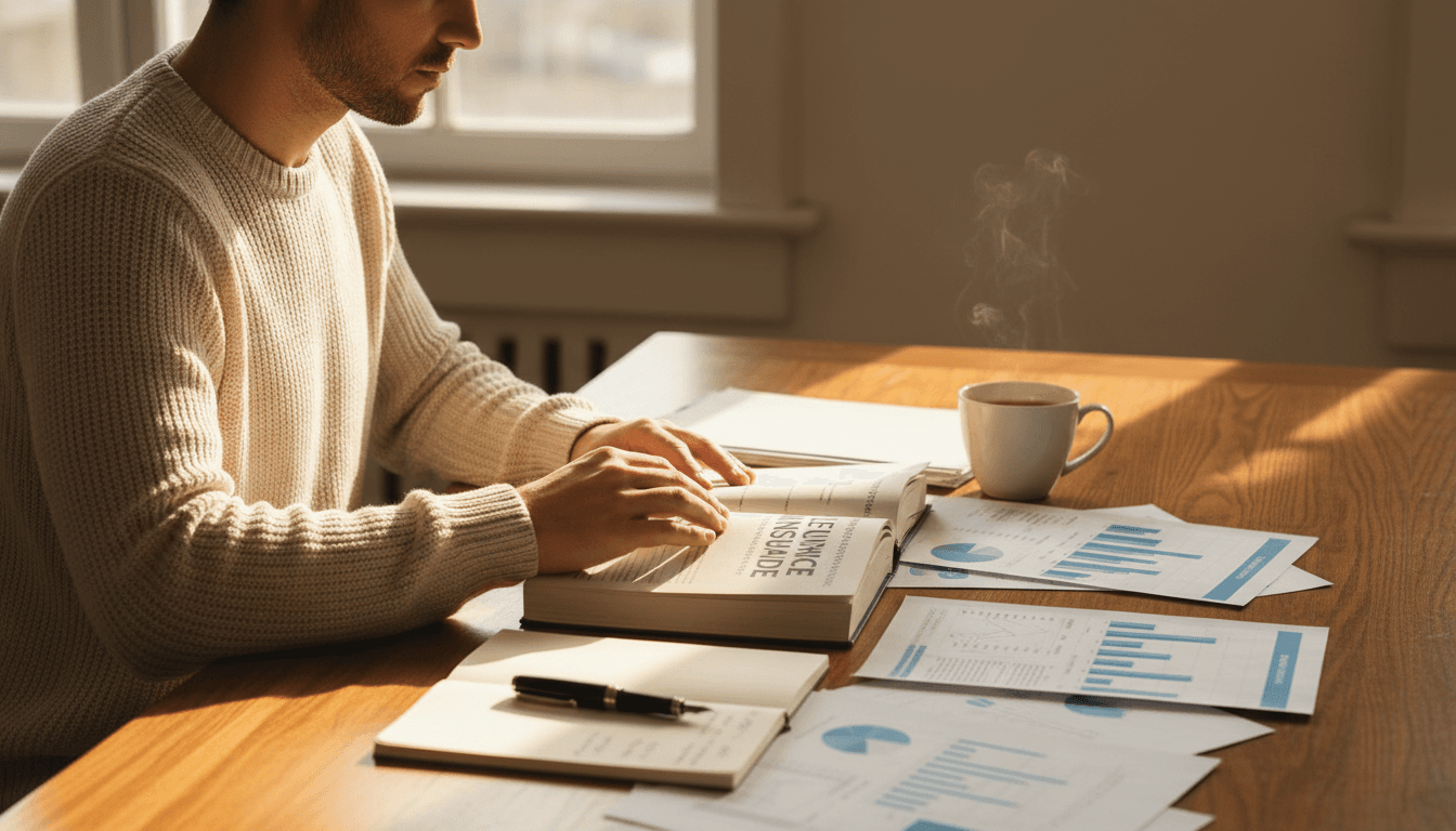 Person reviewing life insurance documents at desk with warm natural lighting