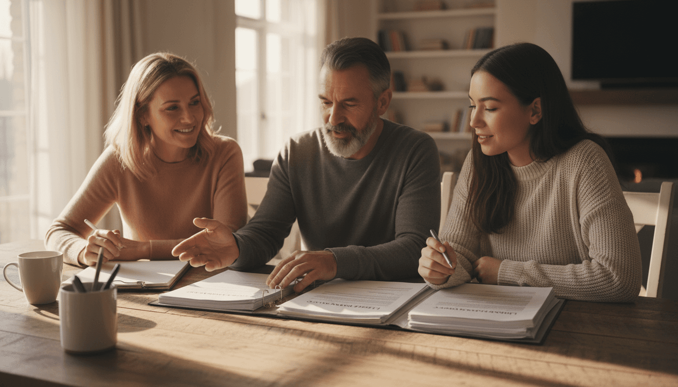 Family reviewing life insurance documents together